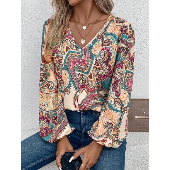 Paisley Print V Neck Blouse Boho Long Lantern Sleeve NWT - Picture 4 of 4